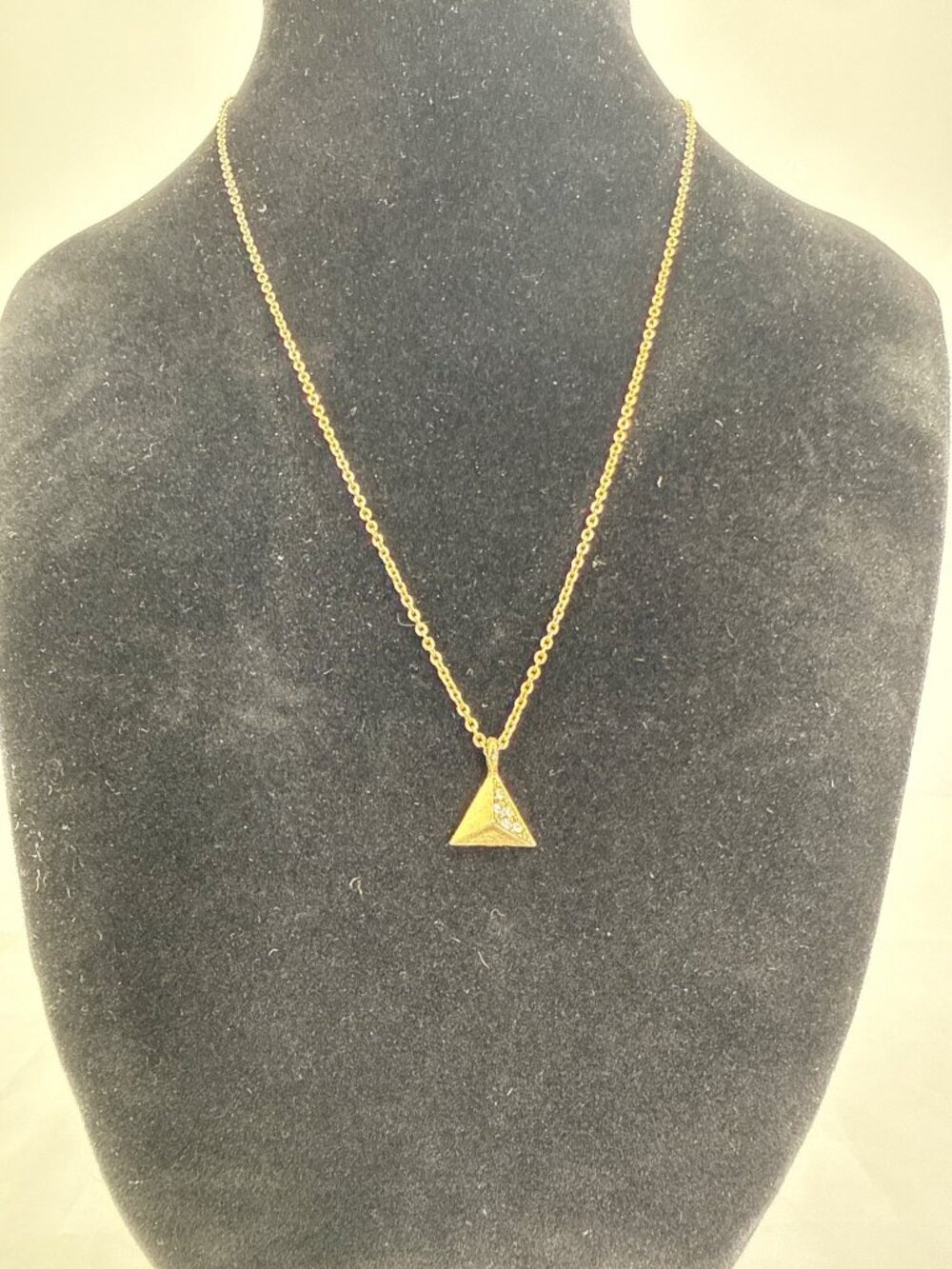 Gold Tone Triangle Pyramid Pendant Necklace Dainty Crystal Accents Modern Geomet